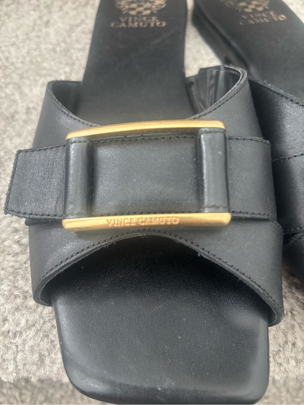 Vince Camuto Black Leather Slide Mules with Gold Buckle Detail - Size 10 - Picture 3 of 4